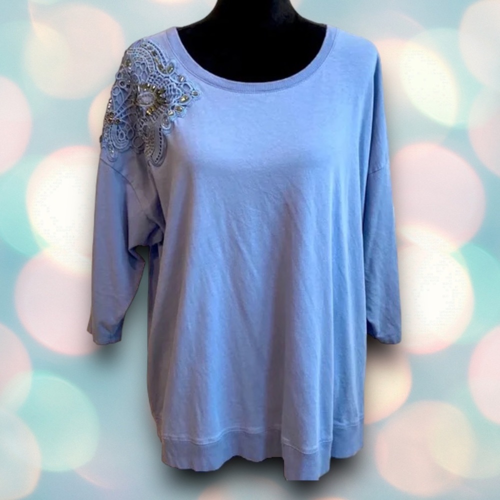 Lane Bryant Women’s Blue Half Sleeve Beaded Shoulder Blouse Top Size 18/20 - Picture 1 of 5
